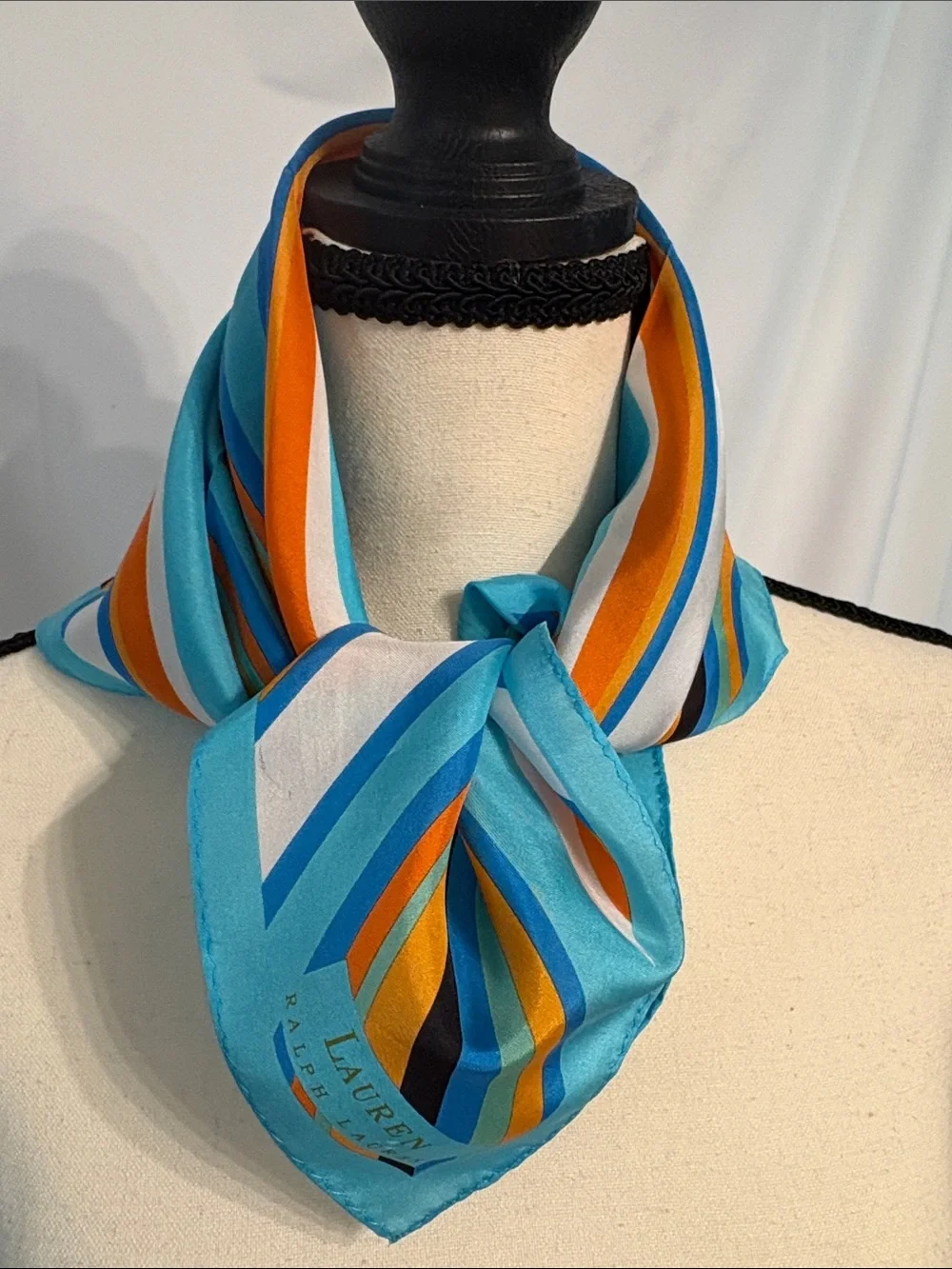 Lauren Ralph Lauren Striped Scarf in Turquoise, Orange & Blue. Quiet Luxury.